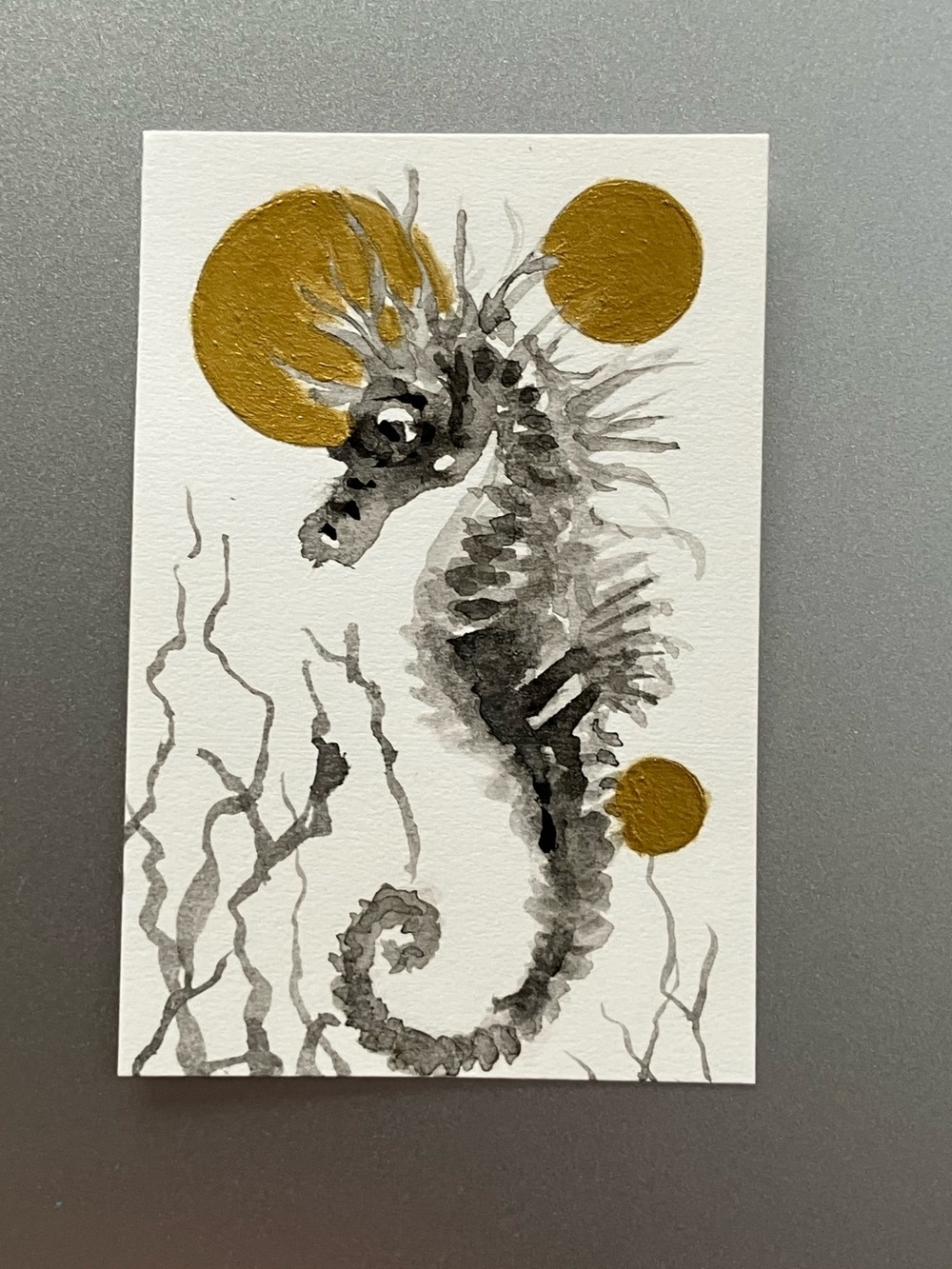 ORIGINAL seahorse seascape painting ocean art miniature realism sumo-e artwork